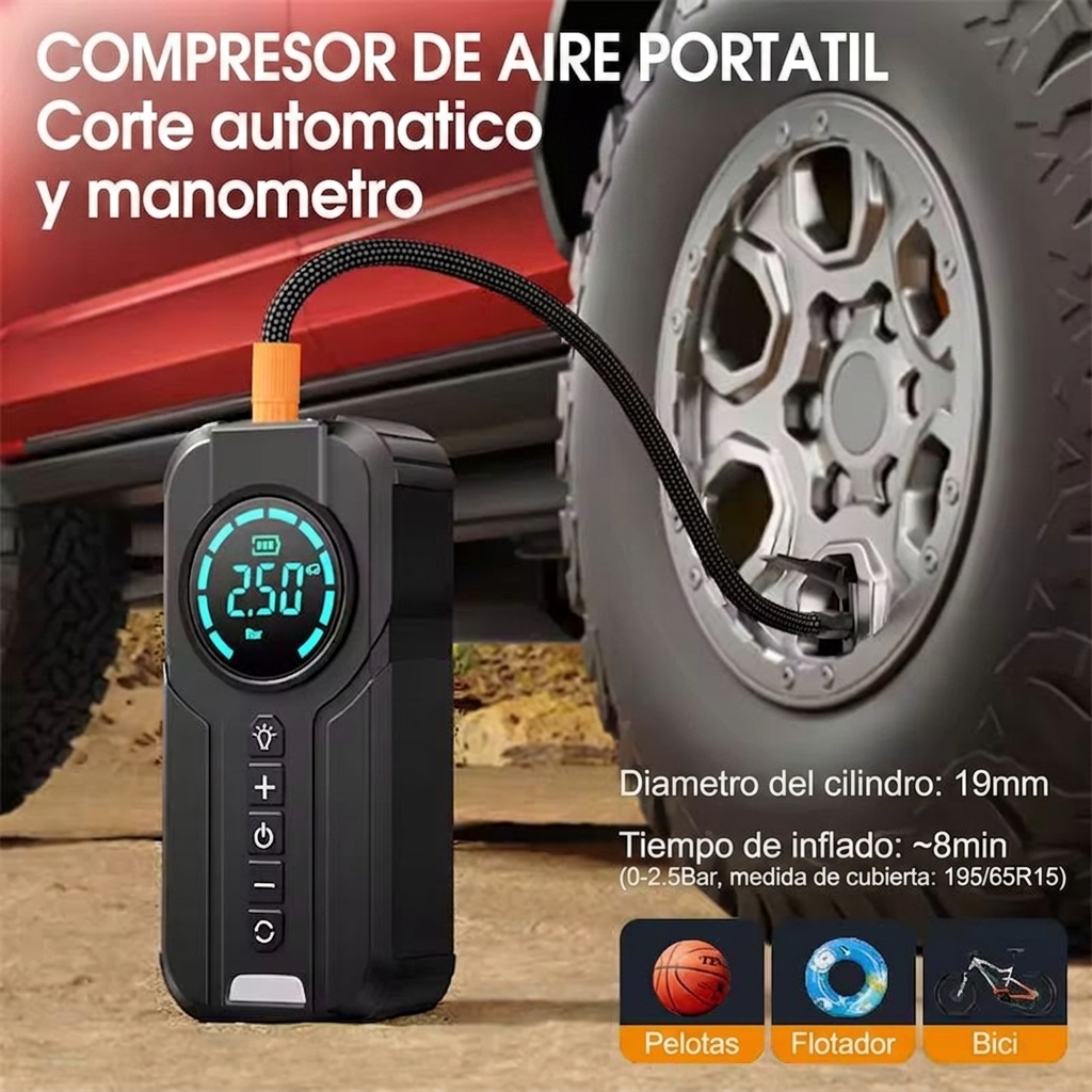 Arrancador Portátil 3 en 1 SANTOOLS | 800A | Inflador 150 PSI | Power Bank 12.000 mAh | Auto Moto Pick Up SUV