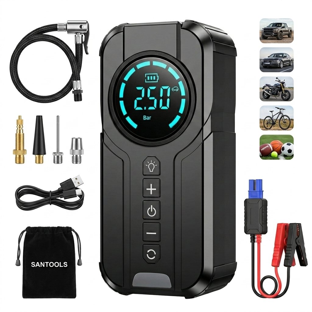 Arrancador Portátil 4 en 1 SANTOOLS | 1500A | Inflador 150 PSI | Power Bank 12.000 mAh | Auto Moto Pick Up SUV