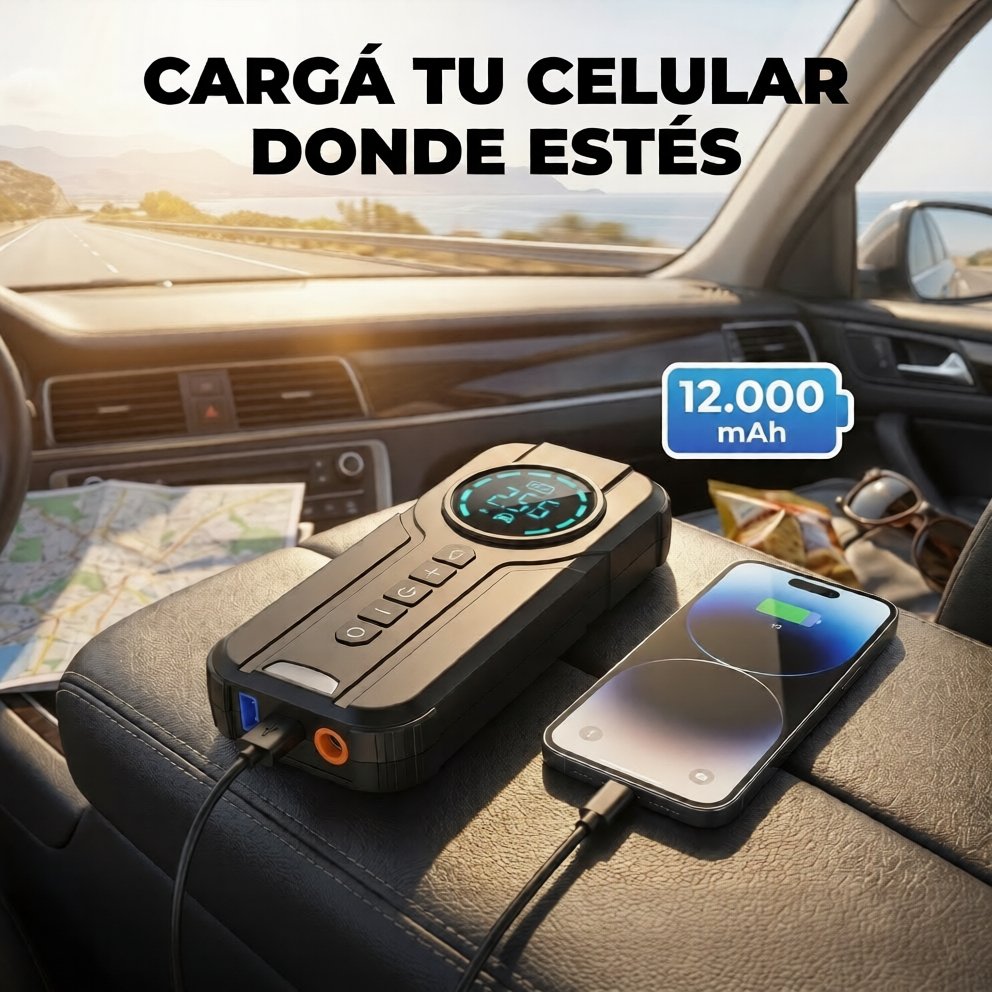 Arrancador Portátil 4 en 1 SANTOOLS | 1500A | Inflador 150 PSI | Power Bank 12.000 mAh | Auto Moto Pick Up SUV
