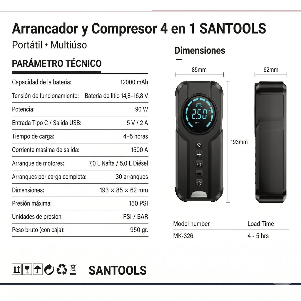 Arrancador Portátil 4 en 1 SANTOOLS | 1500A | Inflador 150 PSI | Power Bank 12.000 mAh | Auto Moto Pick Up SUV
