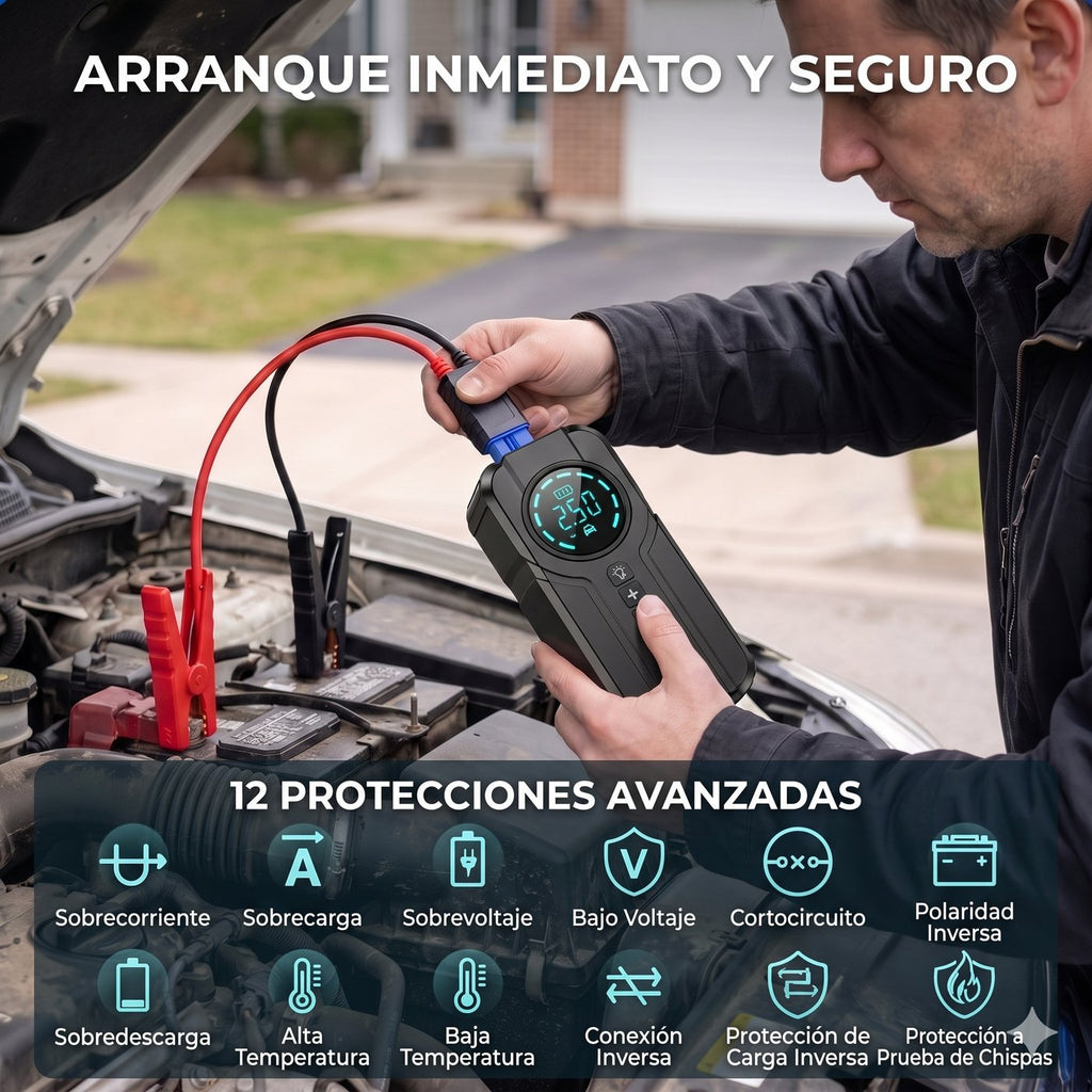 Arrancador Portátil 4 en 1 SANTOOLS | 1500A | Inflador 150 PSI | Power Bank 12.000 mAh | Auto Moto Pick Up SUV