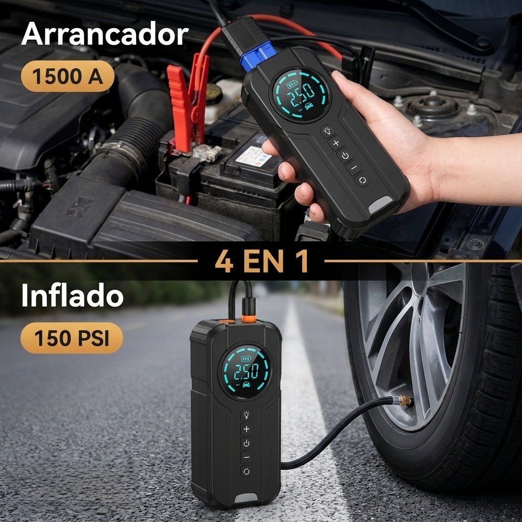Arrancador Portátil 4 en 1 SANTOOLS | 1500A | Inflador 150 PSI | Power Bank 12.000 mAh | Auto Moto Pick Up SUV