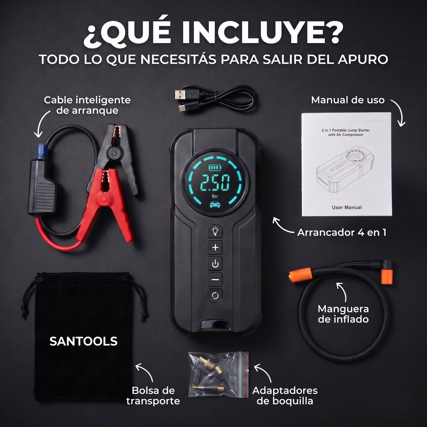 Arrancador Portátil 4 en 1 SANTOOLS | 1500A | Inflador 150 PSI | Power Bank 12.000 mAh | Auto Moto Pick Up SUV