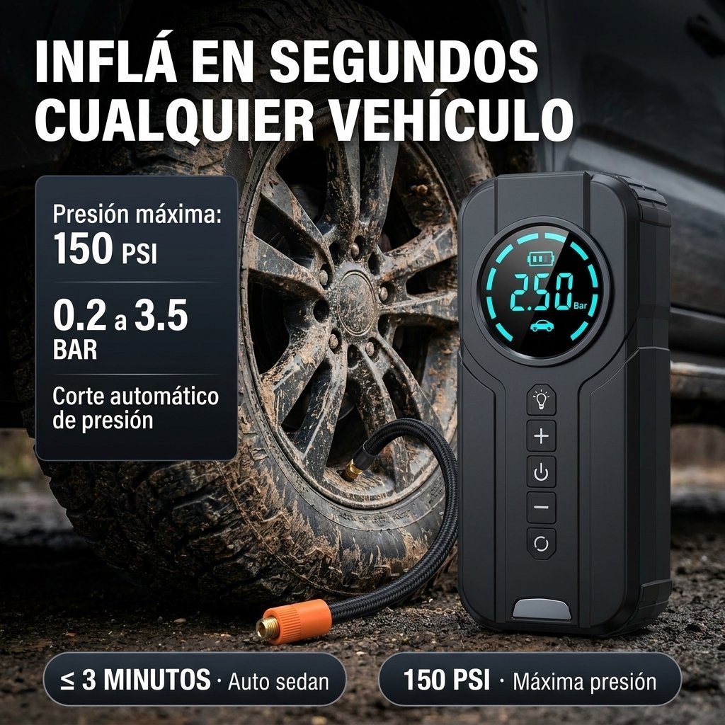 Arrancador Portátil 4 en 1 SANTOOLS | 1500A | Inflador 150 PSI | Power Bank 12.000 mAh | Auto Moto Pick Up SUV